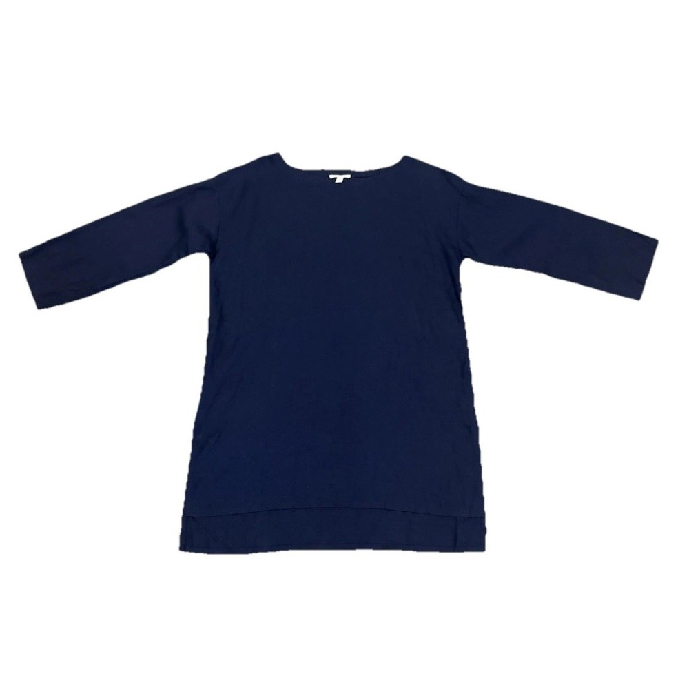 Eileen Fisher 100% Linen Navy Blue Shift Dress Small 3/4 Sleeve Boat Neck